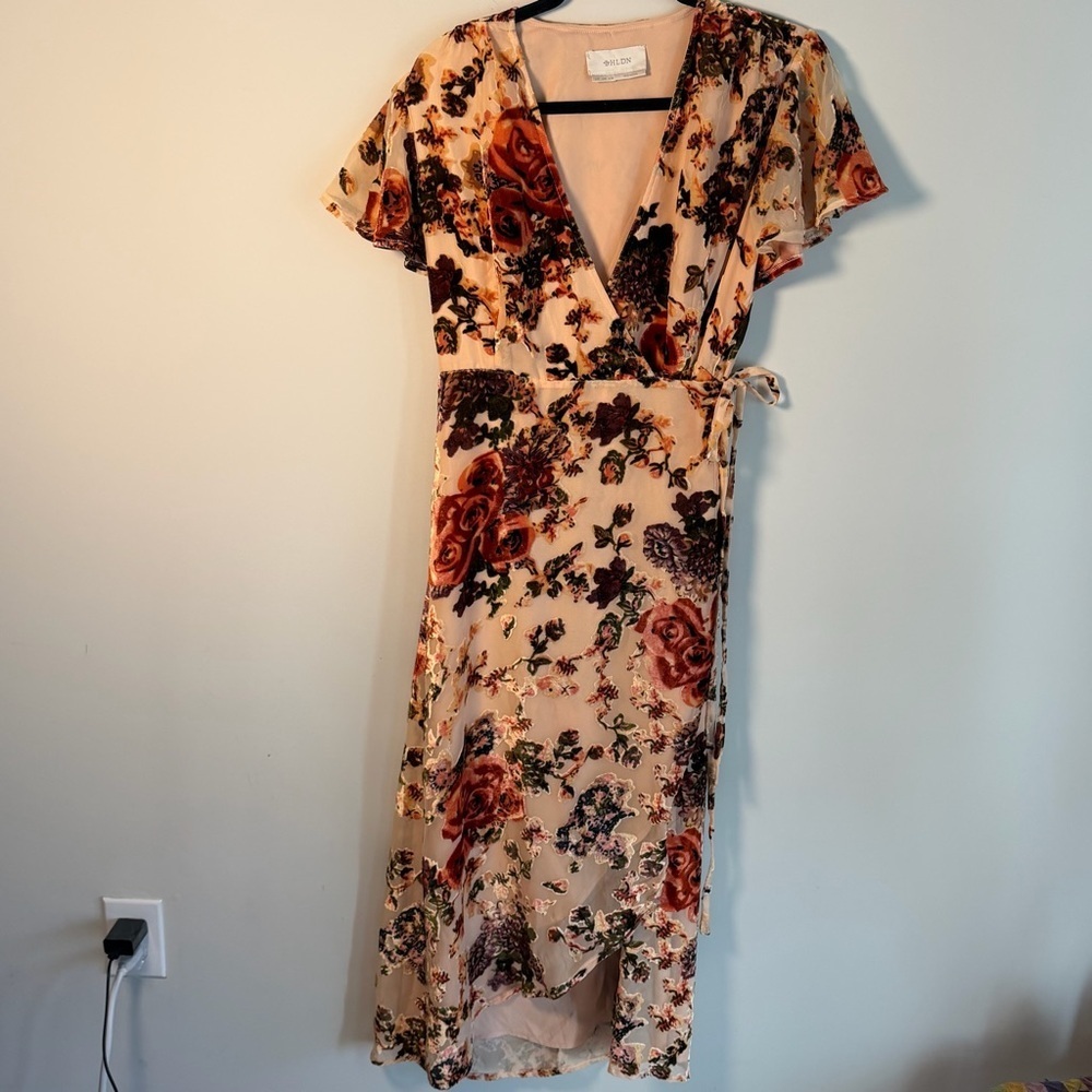 BHLDN Anthro Blush Velvet Burnout Floral Wrap Midi Dress Wedding Bridesmaid MED - Picture 4 of 12